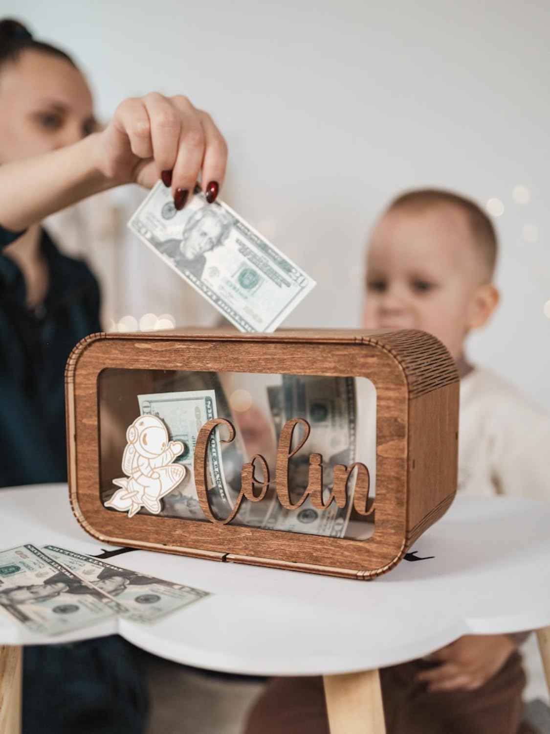 Hucha personalizada para niños, hucha para niños con nombre, regalo para bebé niña, bonita caja de ahorro, alcancía de madera para niños, regalo para cumpleaños, Navidad, baby shower (23,5 x 13,9 x 9