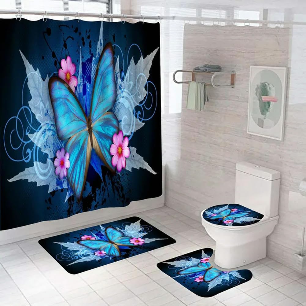 Set Bagno 4 Pezzi Con Tenda Doccia Floreale Viola E Oro 3D, 182x182 Cm, + Tappeti E Copriwater