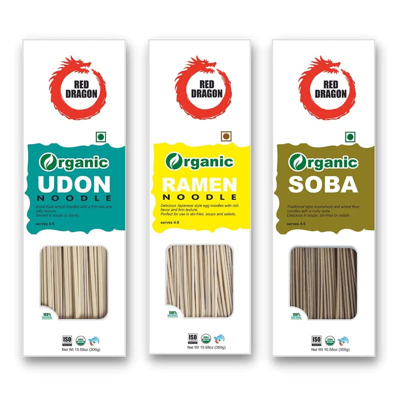 Chinese And Japanese Noodles, Tasty Cuisine Certified Organic Mix Combo Of 3 Packets (Udon + Ramen + Soba Fresh), Ready To Cook Noodles,900 Grams