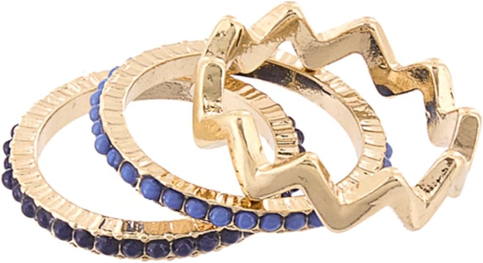 Zigzag and Beads Three Piece Ring Set Size 7: Gold / Blue