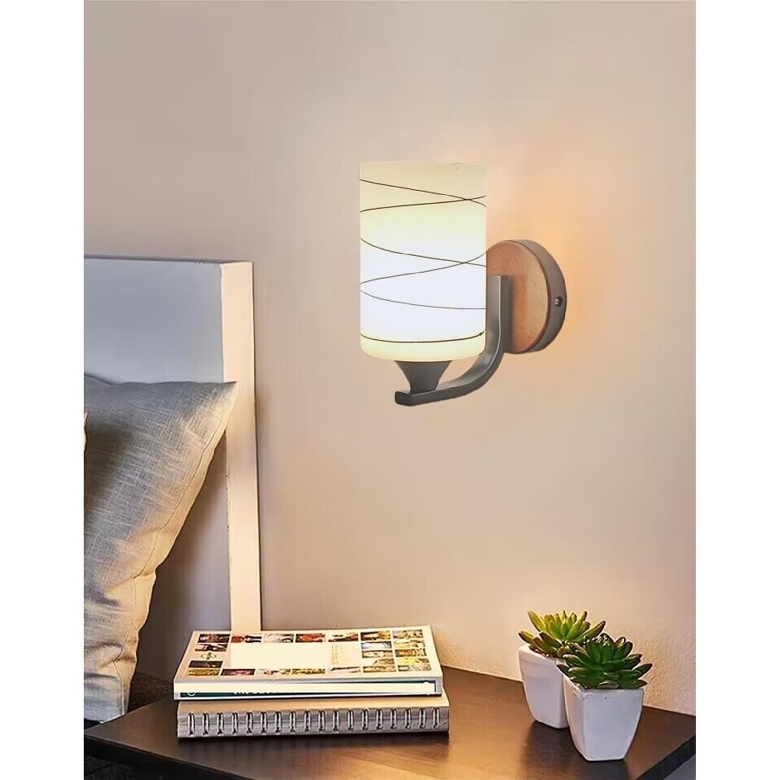 Sypialnia Wood Base Iron Wall Sconce Cylindrical Frosted Glass Lamp