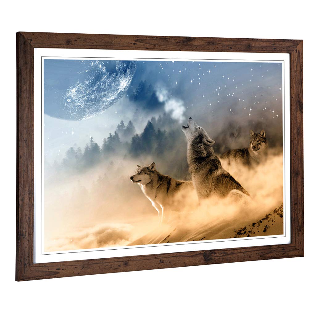Big Box Art Framed Print of Wolves Howling at The Moon Forest Landscape Design | Wall Art Picture | Home Decor for Kitchen, Living Room, Bedroom, Hallway, Walnut, A2 / 24.5x18 Inch / 62x45cm