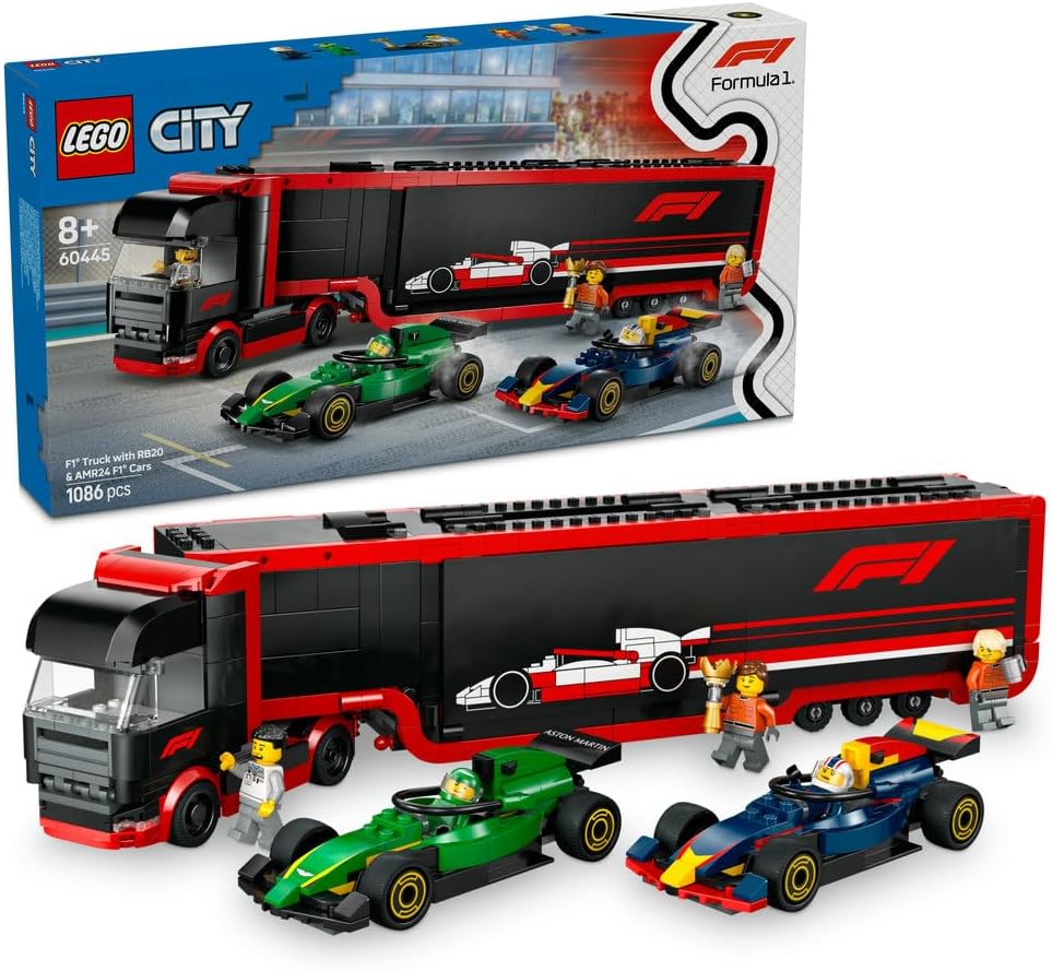 – City F1 Truck with RB20 & AMR24 F1 Cars - Car Transporter Toy for RB & Aston Martin Formula 1 Teams - Incl. 2 Drivers & Race Simulator - Gifts for 8+ Year Old Boys & Girls - 60445