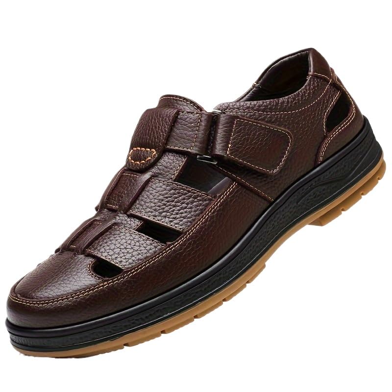 Men's Solid Color Vintage Top Grained Cowhide Leather Upper Sticky Toe Sandals,Comfortable Non-Slip Hook & Loop Fastener Beach Water Shoes