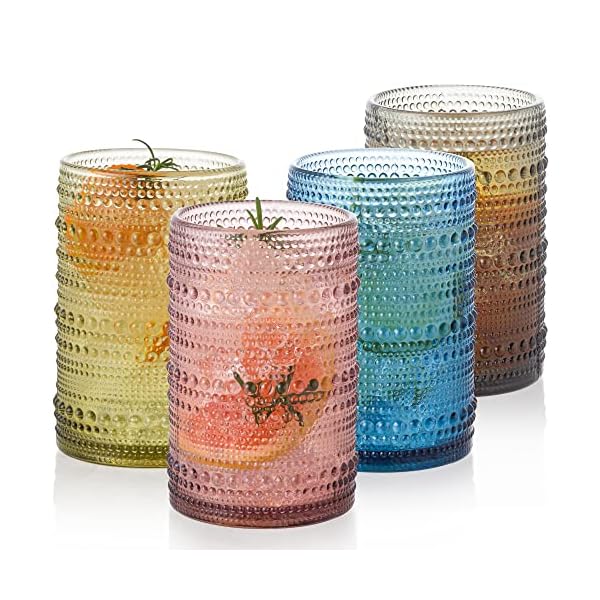 POLIDREAM Vintage Glassware Set - 4pcs Multicolor 15.2oz Hobnail Drinking Glasses for Beer, Cocktail, Soda & Juice - Embossed Old Fashioned Glassware with Four Unique Colors
