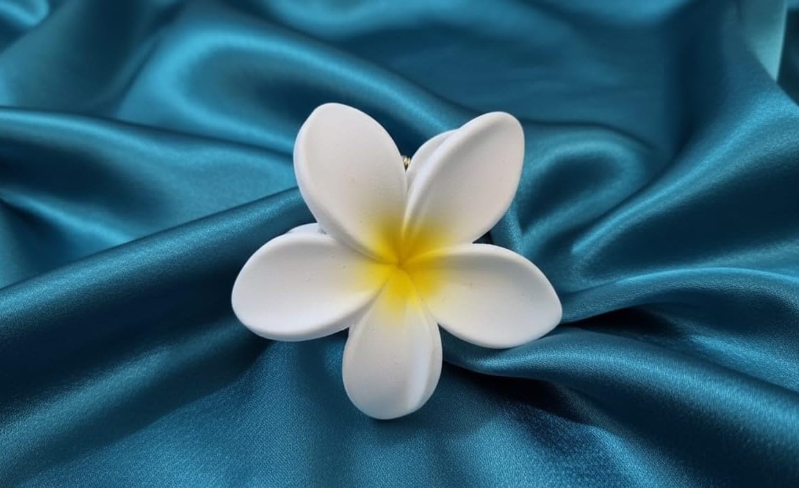 2 Pcs Large Matte Flower Hair Clips for Women, Korean Fashion Premium Plastic Hawaiian Hair Accessories, White Flower Design With a Sunny Yellow Centre-image-25