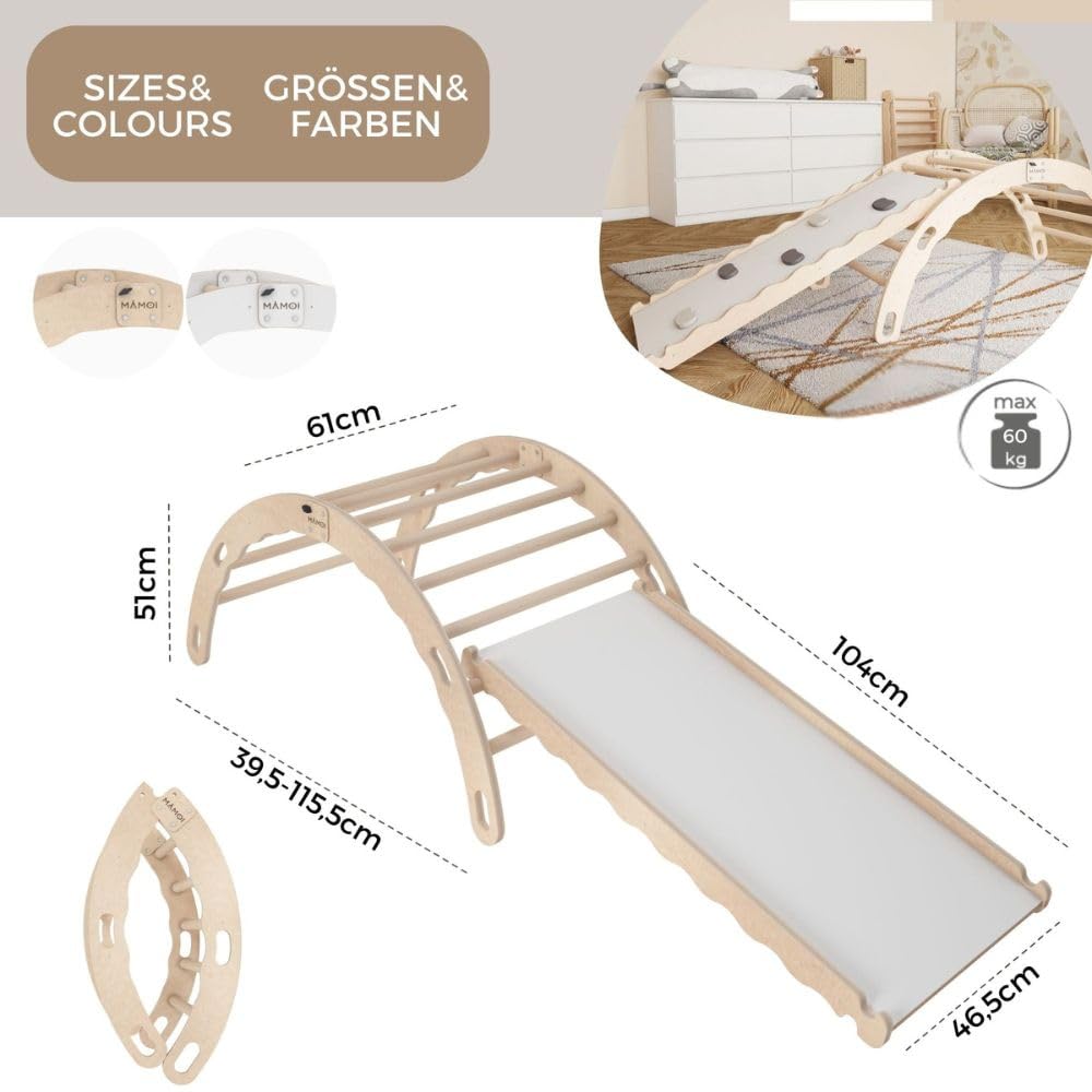 MAMOI® Kletterbogen mit Rutsche, Kletterdreieck, Klettern, Klettergerüst aus Holz, Holzbogen, Rutschbrett für Spielplatz, Klettergerüst Indoor