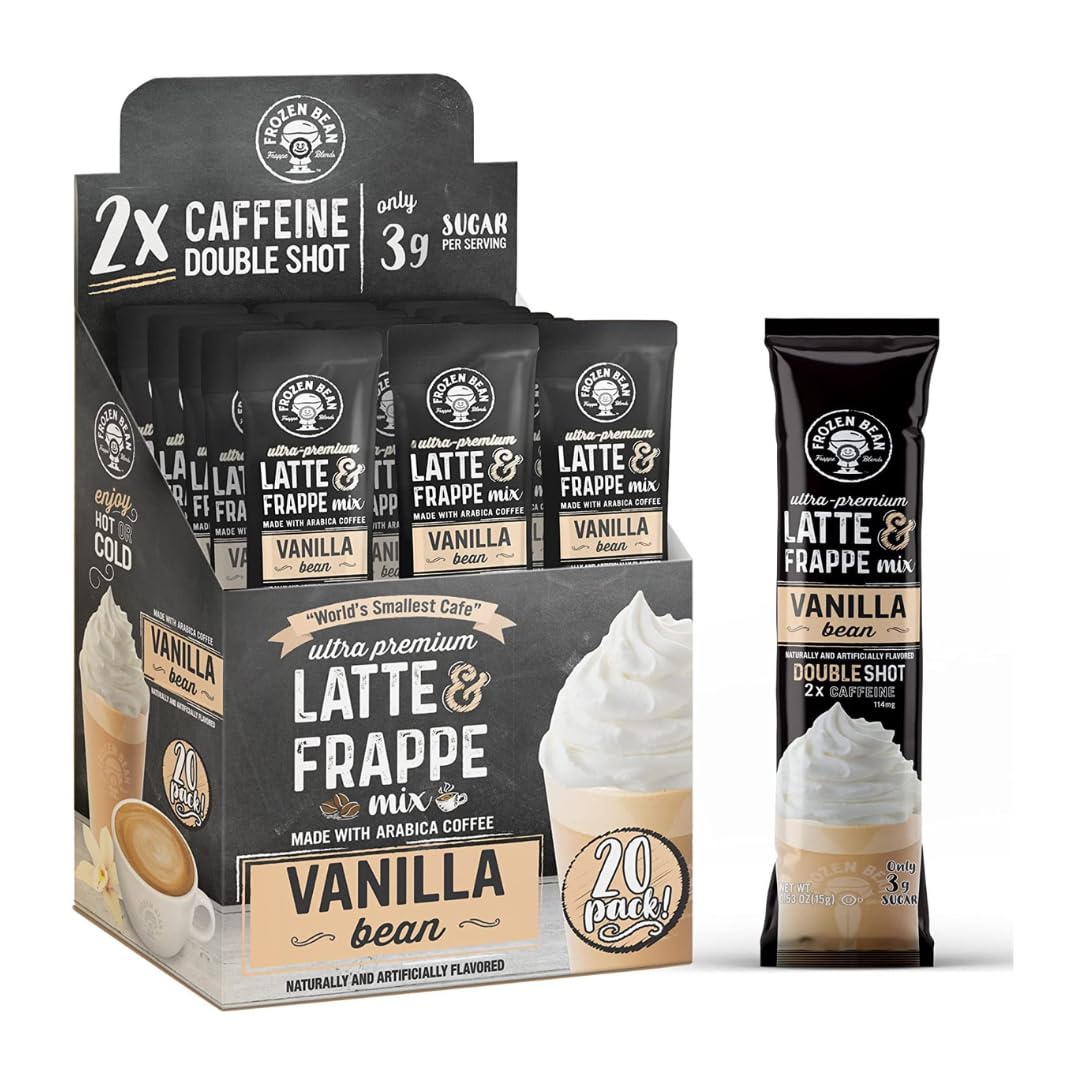 The Frozen Bean Vanilla Bean Frappe & Latte Instant Mix (20 Sticks), Made with Arabica Coffee, Double Shot Caffeine, Low Sugar & Premium Ingredients, Hot, Iced, or Blended Drinks