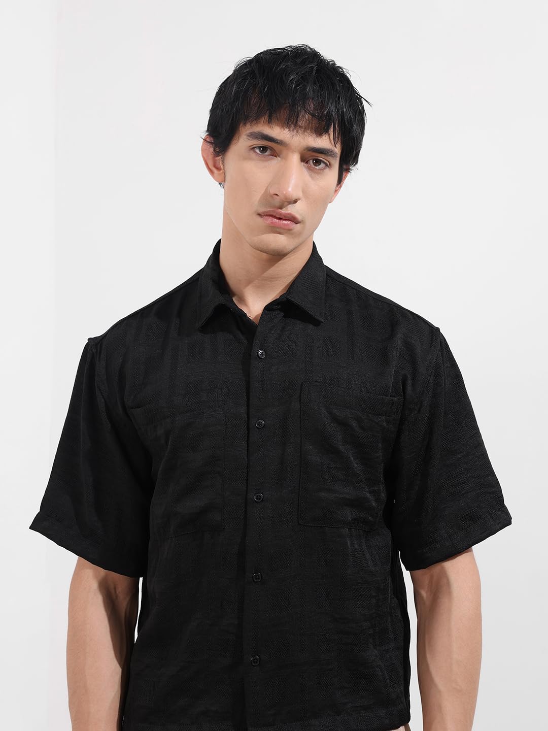 The Indian Garage Co Camicia da uomo a mezza manica con colletto a spalla squadrata testurizzata