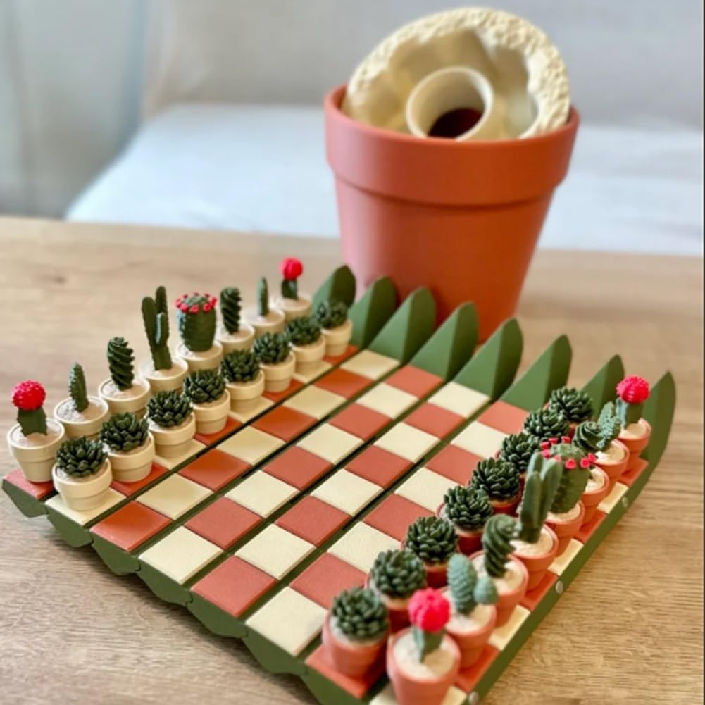 Scacchi di cactus stampati 3D con scacchiera arrotolabile, set di scacchi portatili con disegno piante grasse, gioco di scacchi da viaggio decorativo, per amanti delle piante e teste creative