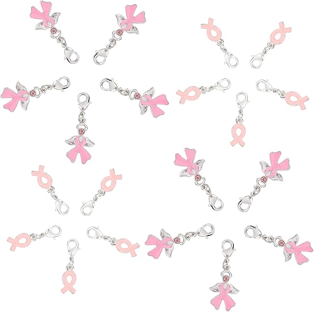 SUNNYCLUE 1 Box 20Pcs Ribbon Breast Cancer Knit Stitch Markers Charms Crochet Metal Stitch Marker Clips Locking Stitch Markers for Knitting Charms UK Weaving Sewing Crocheting Jewellery Making Craft