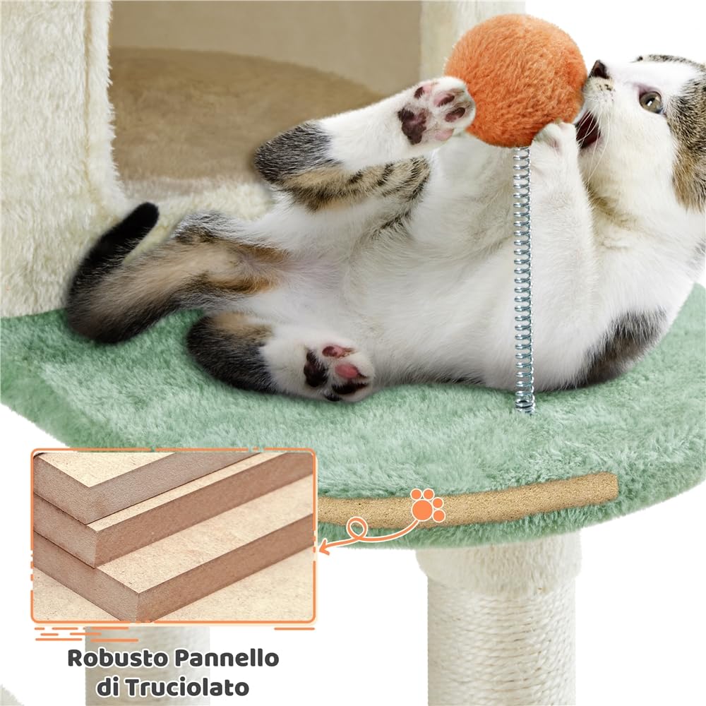Yaheetech Albero Tiragraffi per Gatti 165 cm Cuccia per Gatto 2 Pompon, Piattaforma di riposo, Trespolo, Posatoio, Giocattoli Beige e Verde