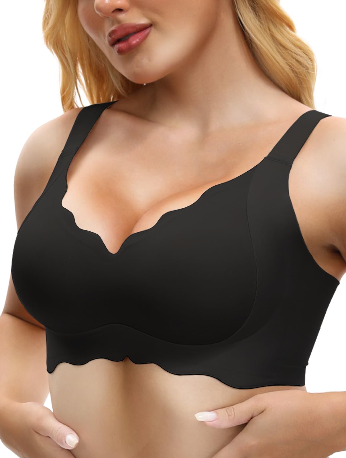 Scalloped Lift Bras for Women No Underwire Buttery Soft Push Up Wireless Bras V Neck Seamless Bralettes