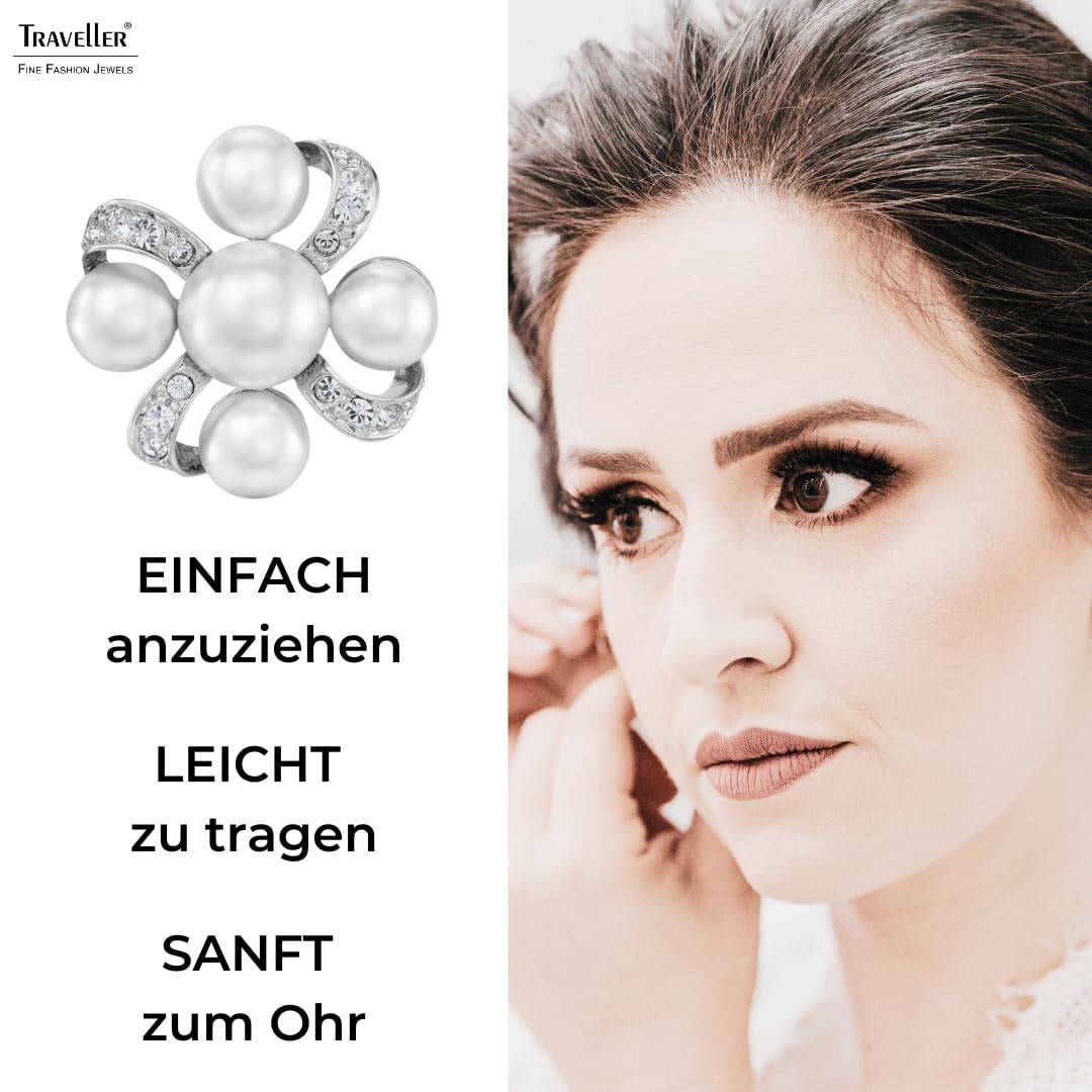 Traveller Ohrclips - Damen - Silberfarben - Perle - Ø 8 & 6mm - Weiß - Kristalle - Platiniert - 20x20mm - 114360