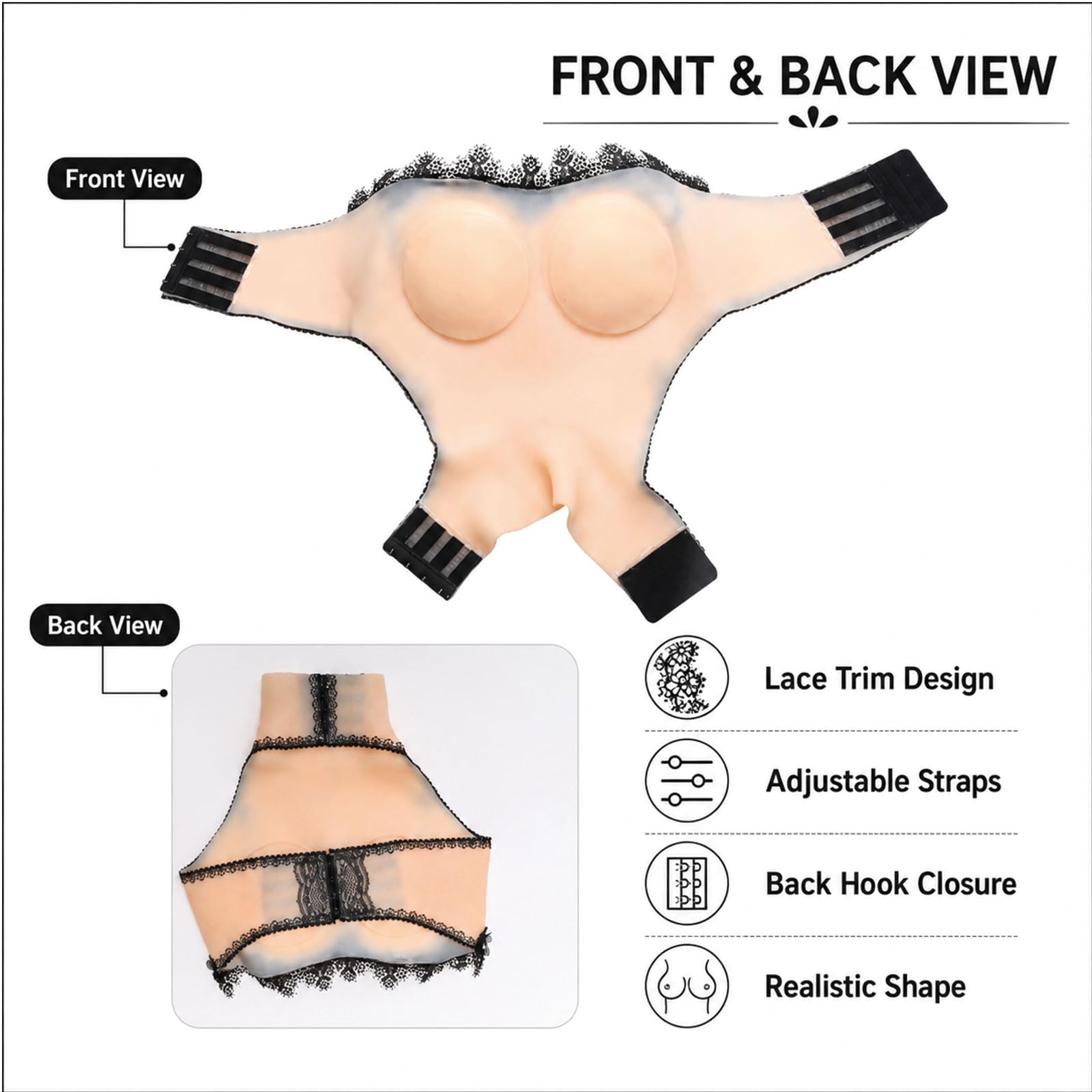 XSWL Reggiseno in Pizzo Nero con Protesi mammaria Silicone Coppa C | Protesi mammaria morbida in silicone coppa C con pizzo nero e bottoni, ideale per uso quotidiano dopo mastectomia
