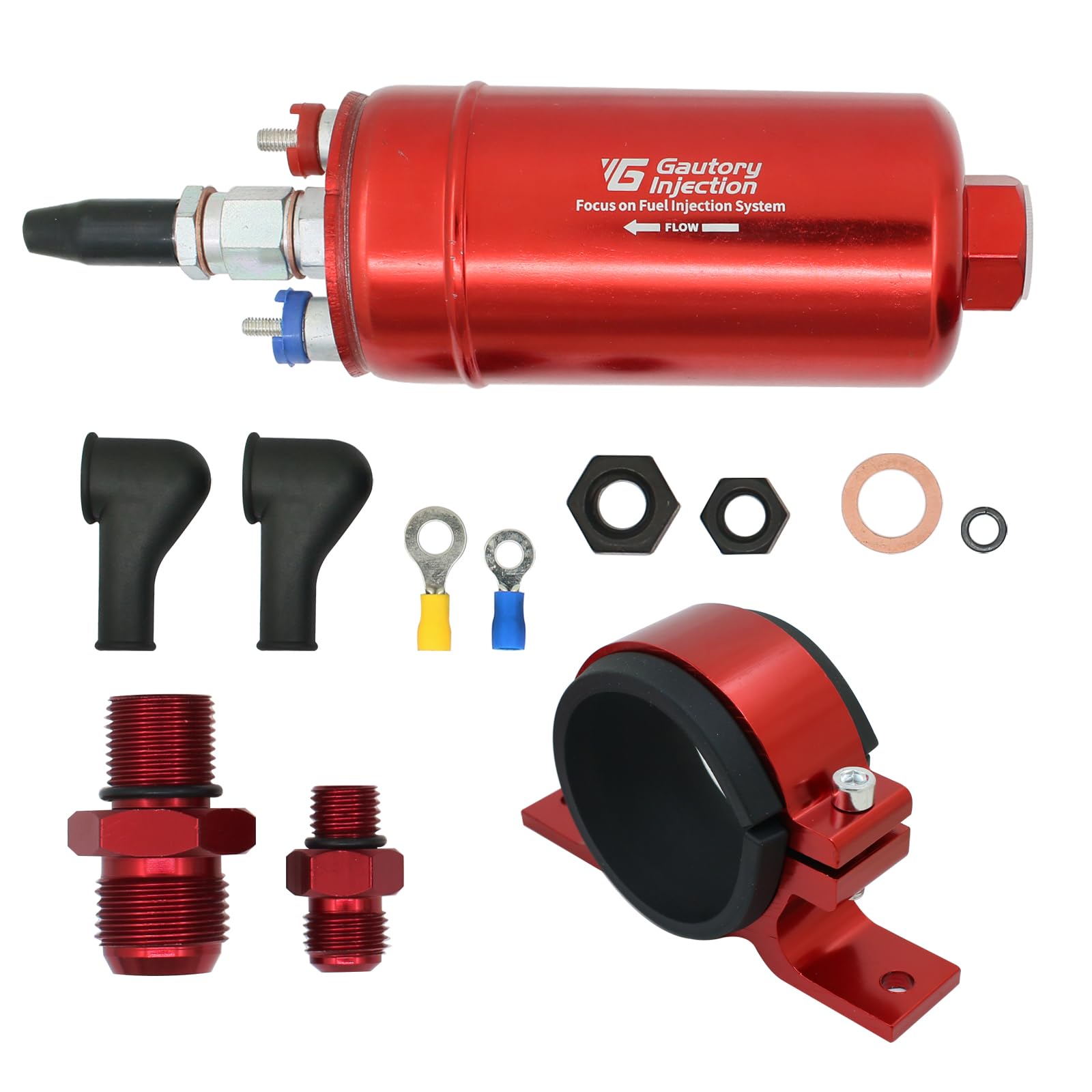300LPH High Flow External Inline Fuel Pump (044 Style), Anodized Red 12V High Pressure Electric Pump Kit with 6AN 10AN Fittings, Compatible with LS
