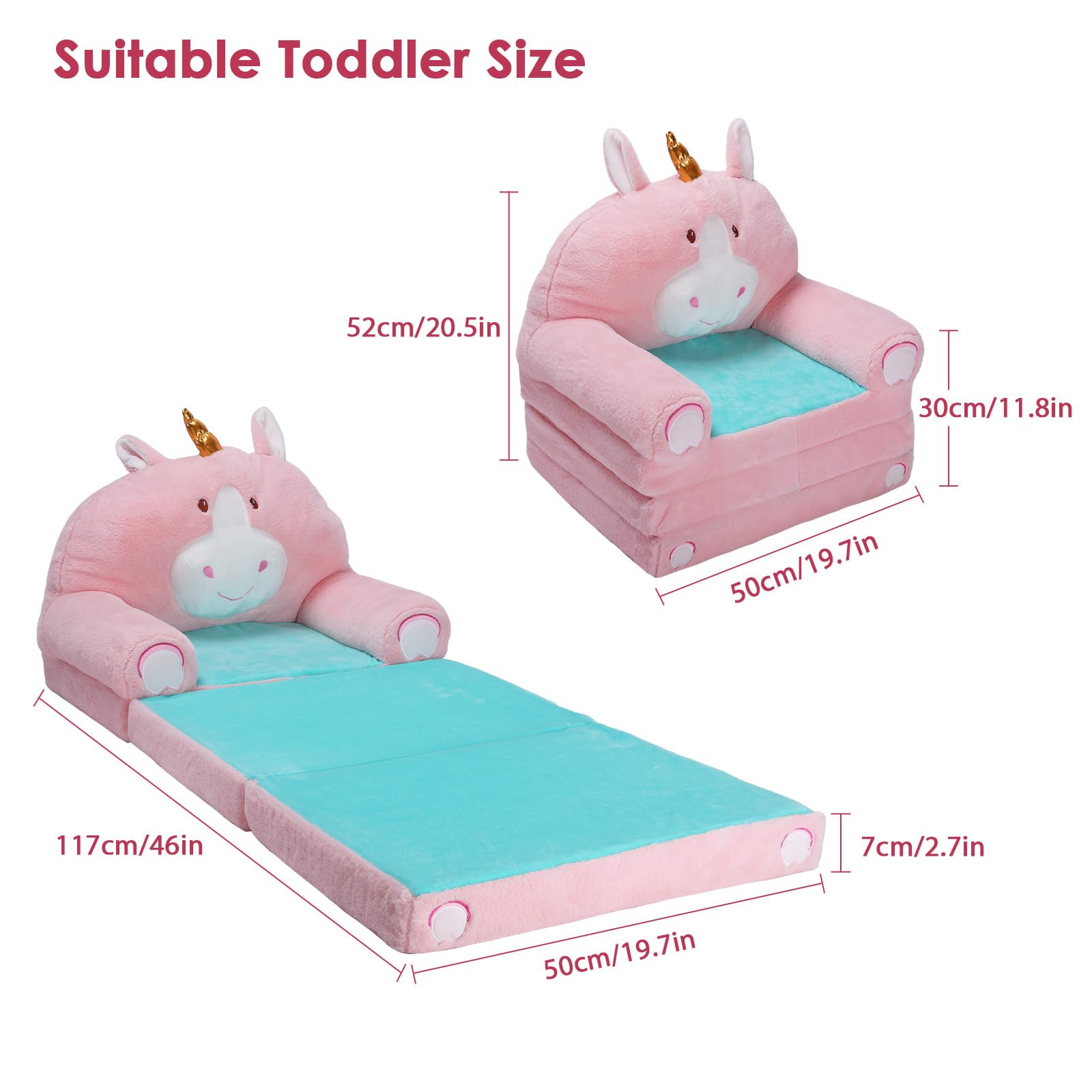 Sofá Plegable de Felpa para Niños Sillón con Respaldo 2 en 1, Sillón Infantil Cómoda Animados con Cremallera, Ligero Estable Sofá Cama para Bebé para Dormitorio Sala de Estar, Unicornio (3 Capas)