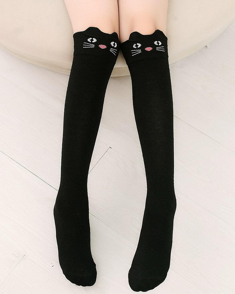 X&F Little Girls Cute Cartoon Cotton Knee High Socks Long Tube Socks Leg Warmers Black Cat