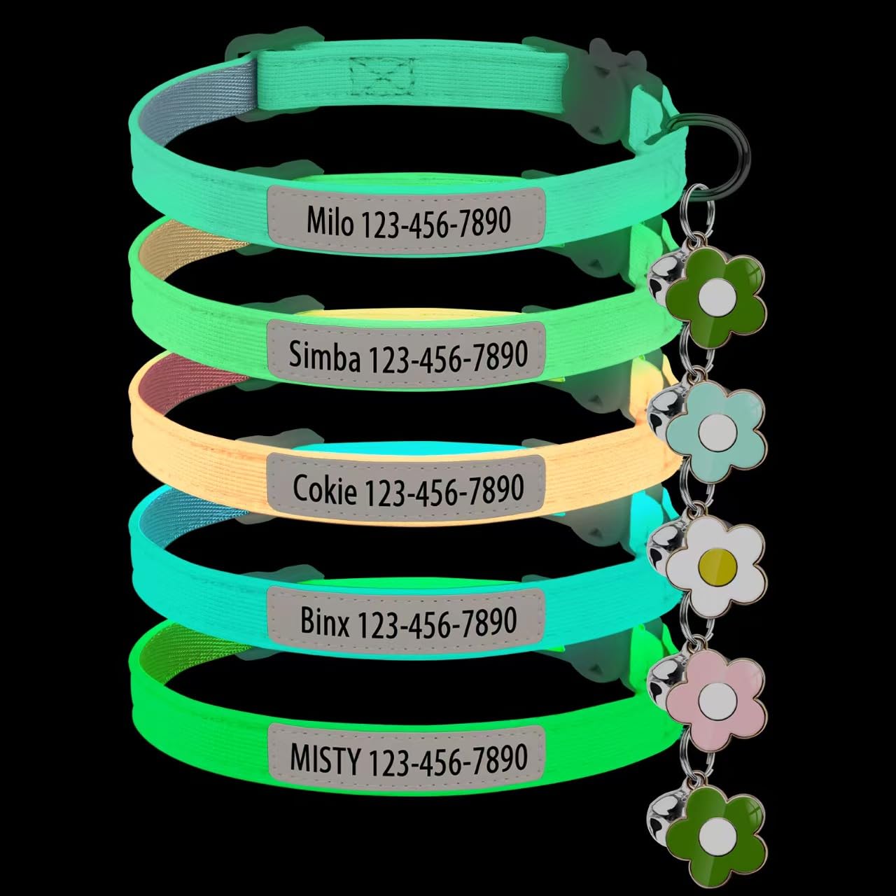 Collar de gato personalizado que brilla en la oscuridad con decoración de flores de campana, nombre y número de teléfono impresos con rayos UV, collar de seguridad luminoso ajustable (brillo