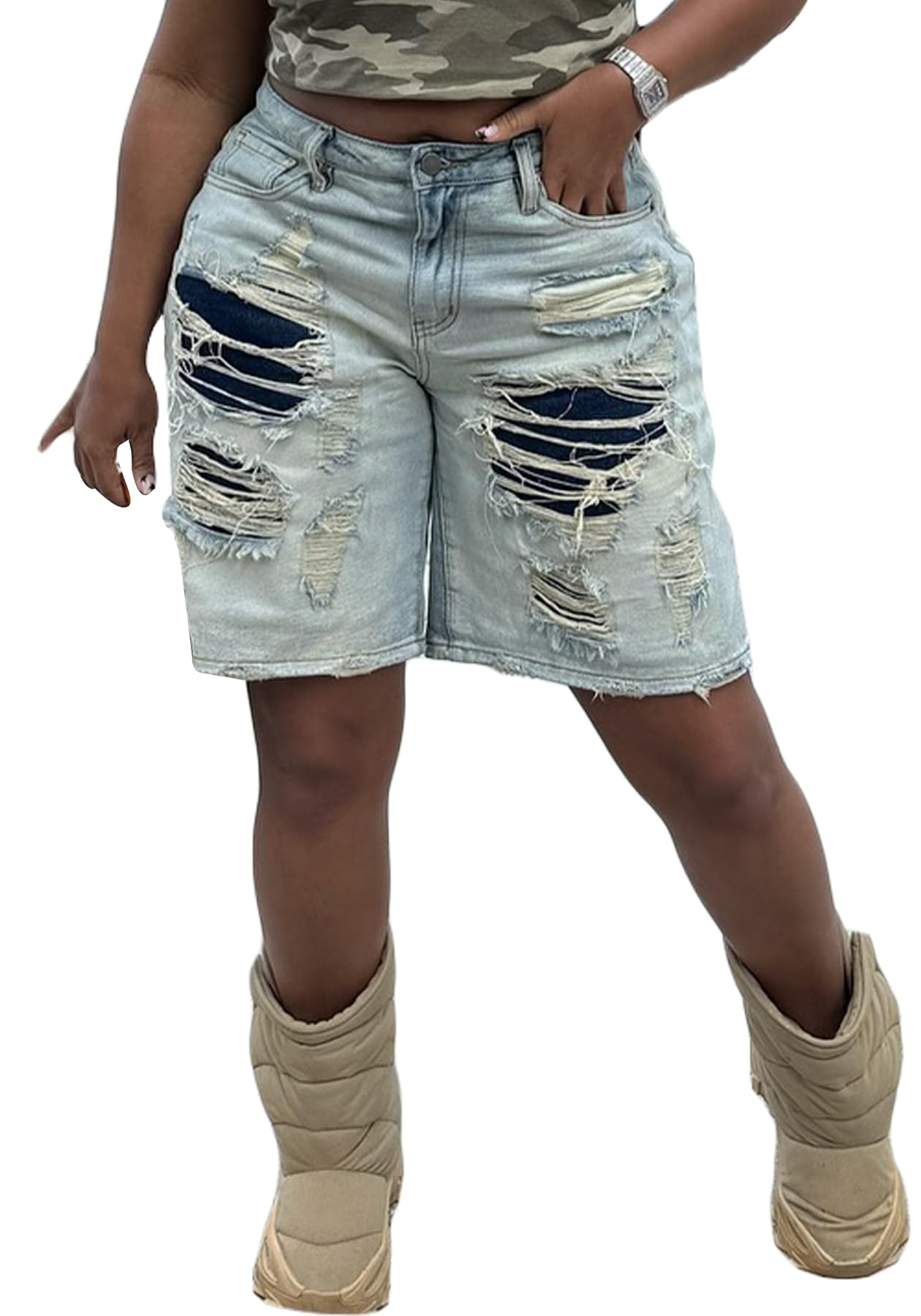 Seltaon Women's Ripped Denim Destroyed Mid Rise Bermuda Shorts Jeans Summer Hot Pants