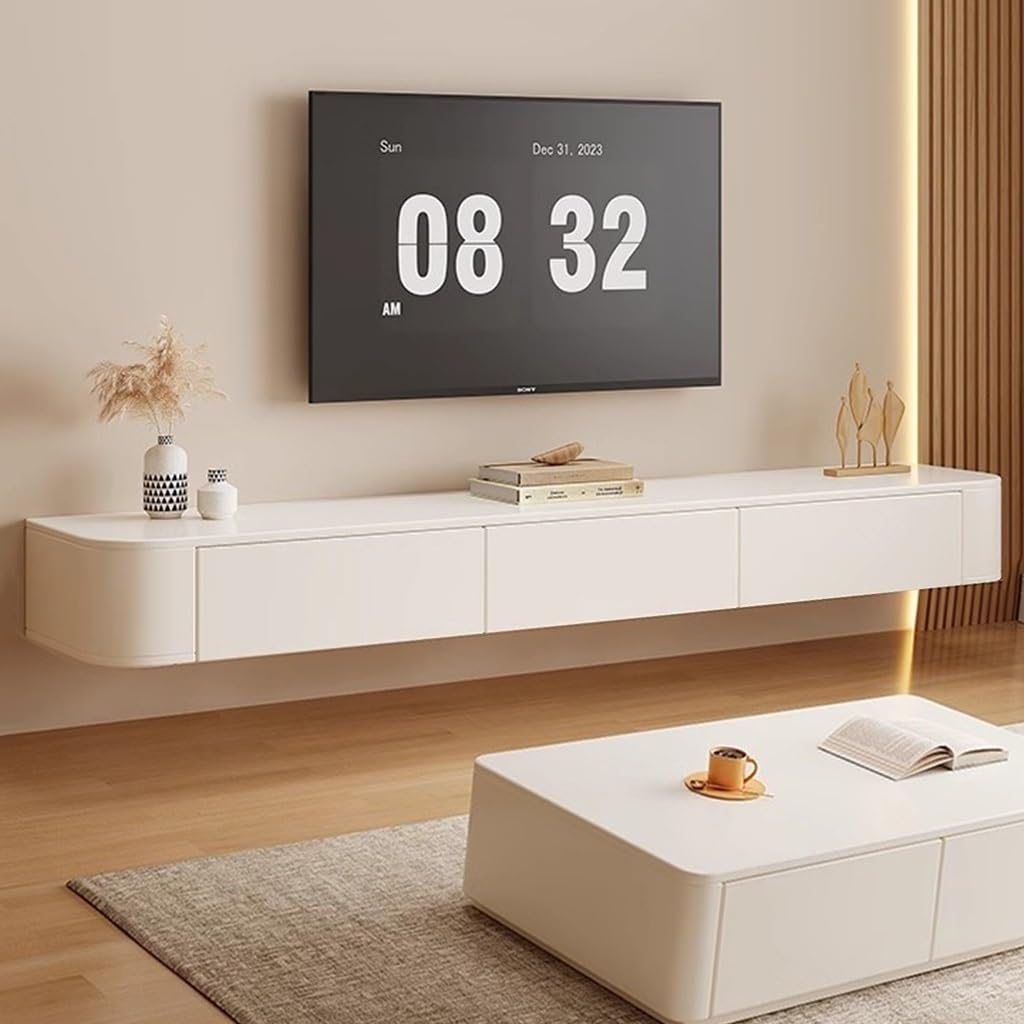 Floating TV Stand 140/160/180/200/220/240cm Floating TV Unit Cabinet Wall Mounted Entertainment Center TV Media Console Large Storage Component Shelves, For Living Room,Bedroom (White, 140x24x20cm)