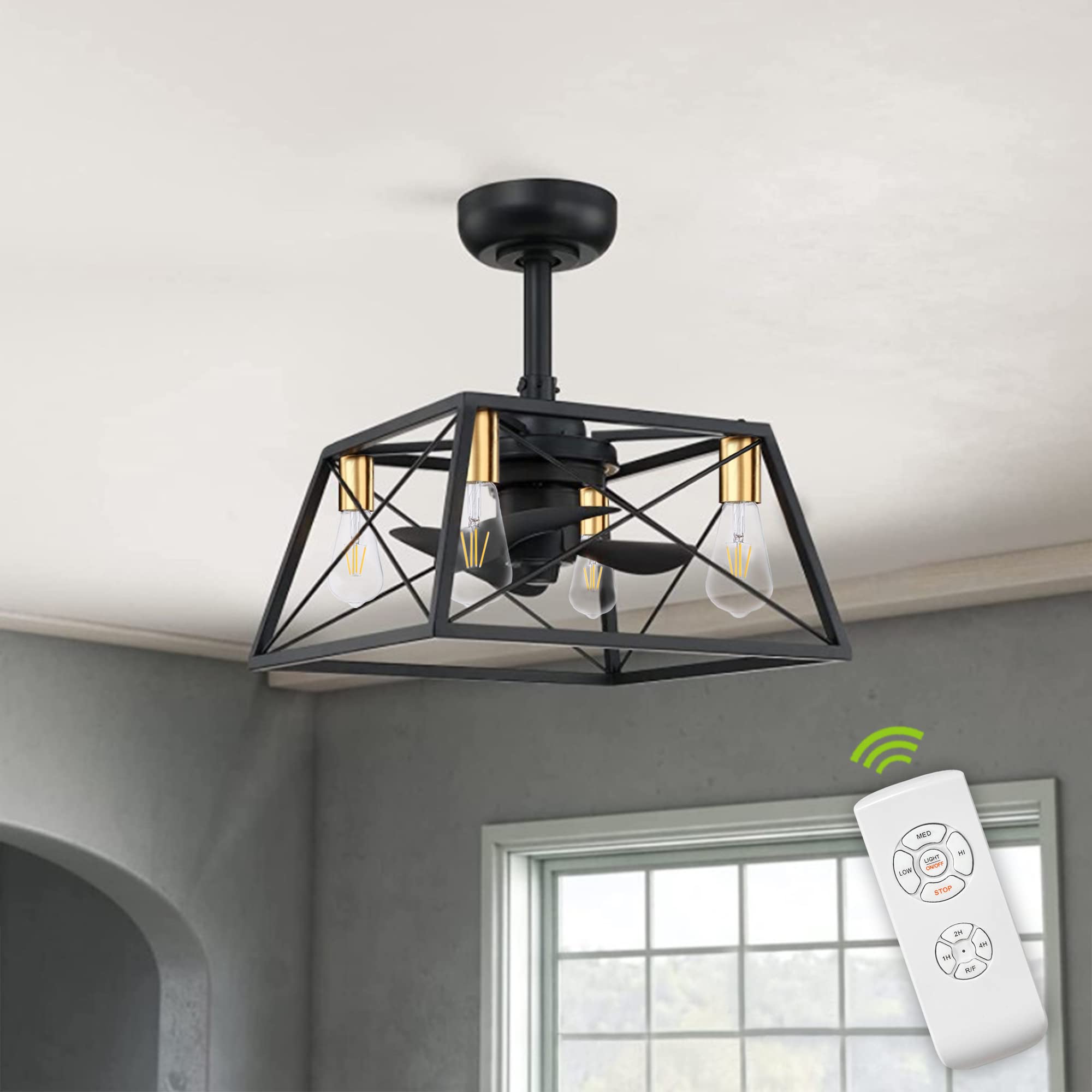 Photo 1 of BDL Enclosed Ceiling Fan Caged Square Adjustable Wind 3 Speeds Timing Remote Control Retro Industrial Metal Flush Replaceable Bulbs Low Profile Bedroom Living Room (Metal Black)