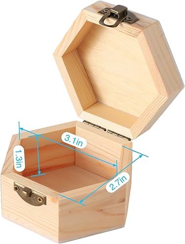 Miniatura 3 de 6 cajas de almacenamiento de madera hexagonal de pino vintage sin terminar, 3.8 x 3.3 x 2.2 pulgadas con tapas con bisagras y hebillas frontales