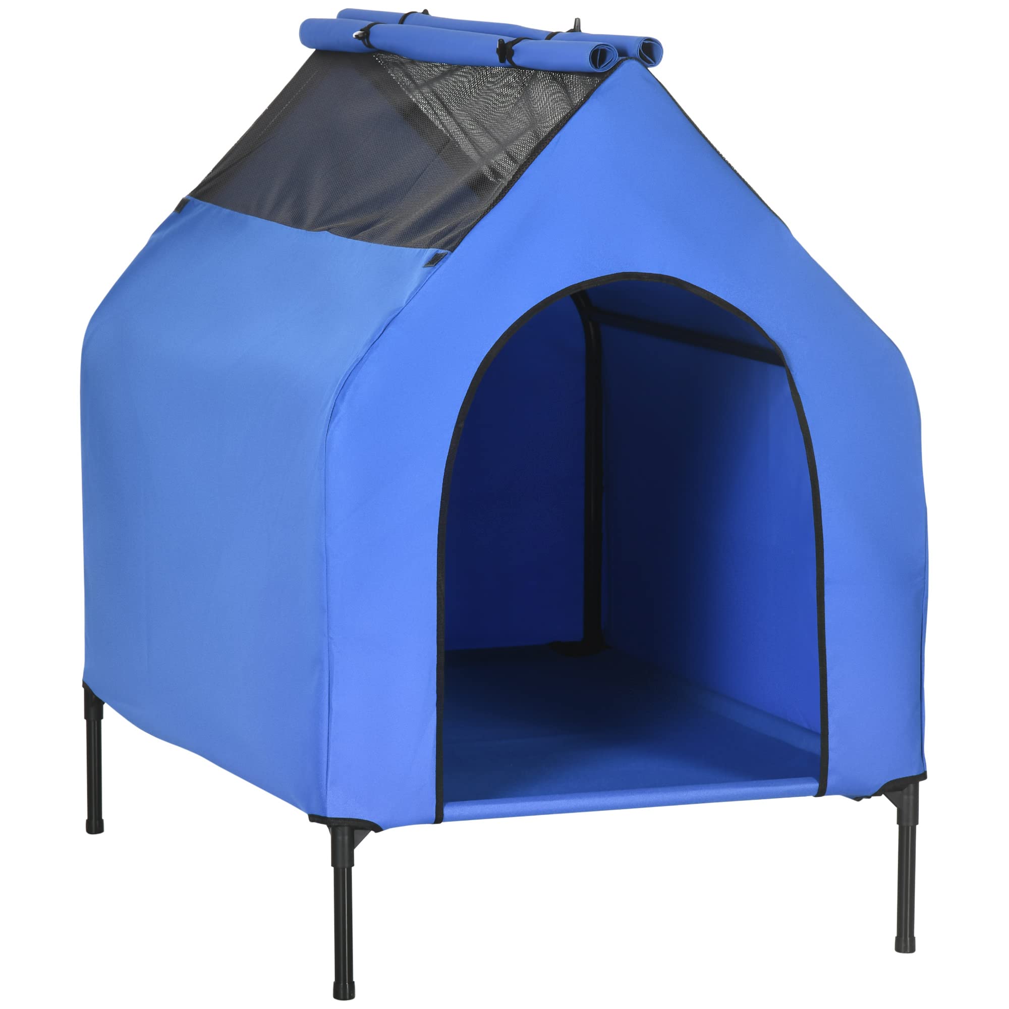PawHut Caseta para Perros 130x85x121 cm Cama Elevada para Mascotas con Cubierta Desmontable y Ventanas de Malla para Perros Grandes y Extra Grandes Azul