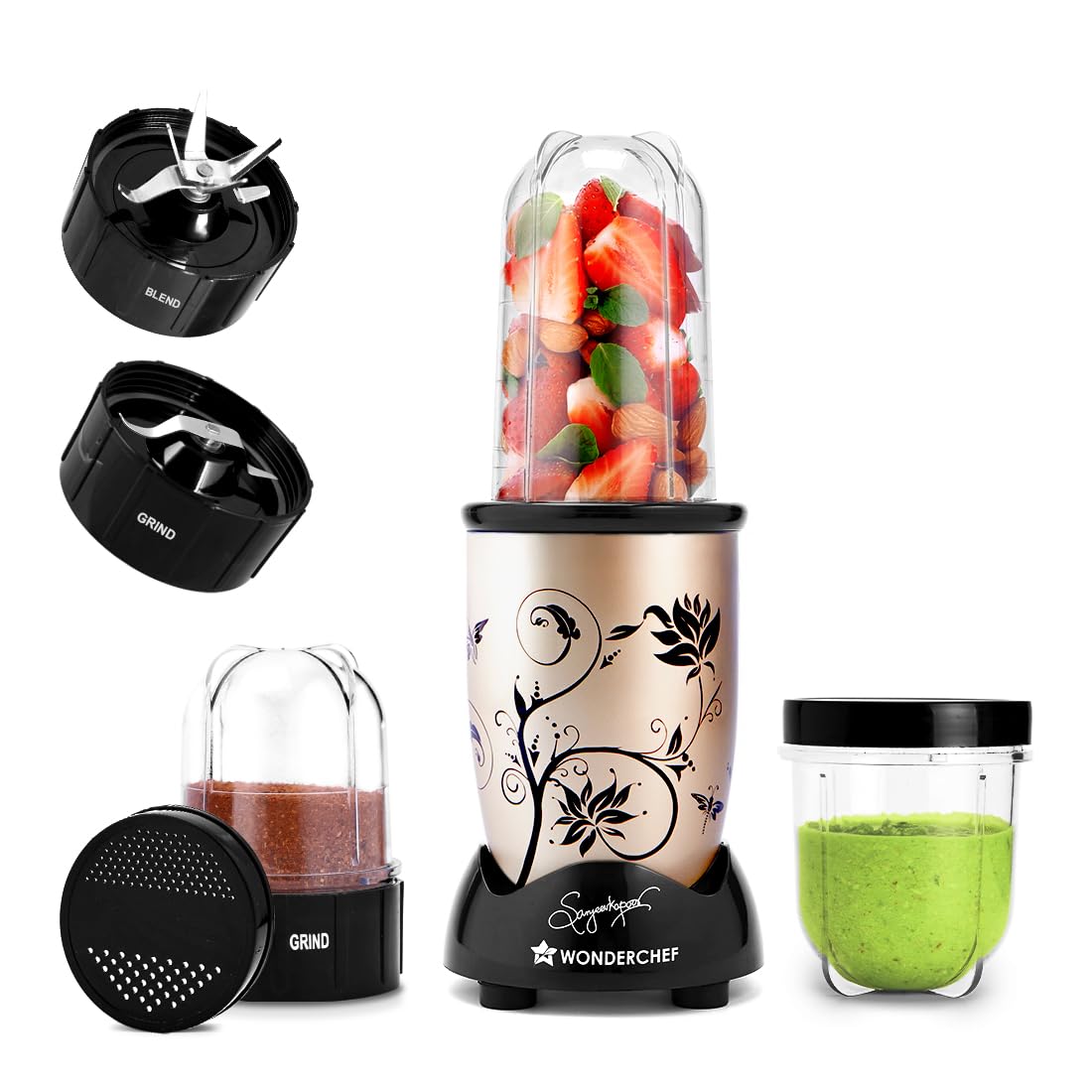 Wonderchef Nutri-blend 500W Mixer Grinder, 22000 RPM Motor, Smoothie Maker, Masala Grinder, Chutney Blender, 3 Unbreakable Jars, Recipe Book by Chef Sanjeev Kapoor, 2 Yr Warranty, Champagne