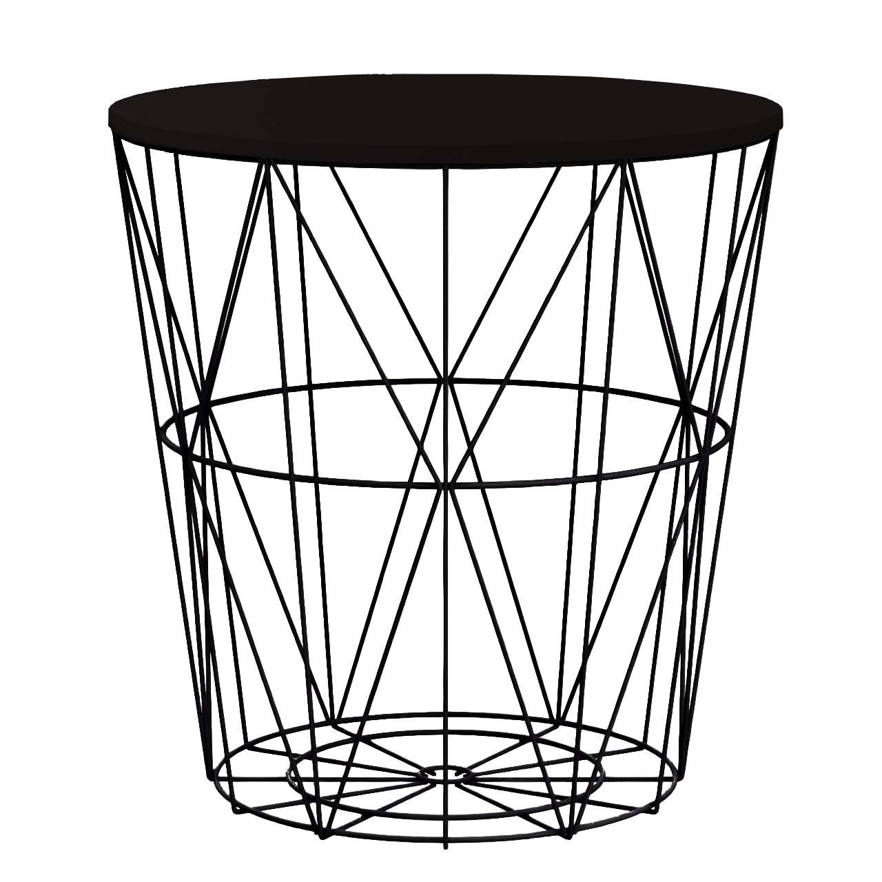 Round Side Table Wire Metal Storage Basket Modern Tea Nest Table with Removable Wood Top for Hallway, Living Room, Bedroom, or Office Decor Sidetable (Black + Black Lid, Medium) — image 1