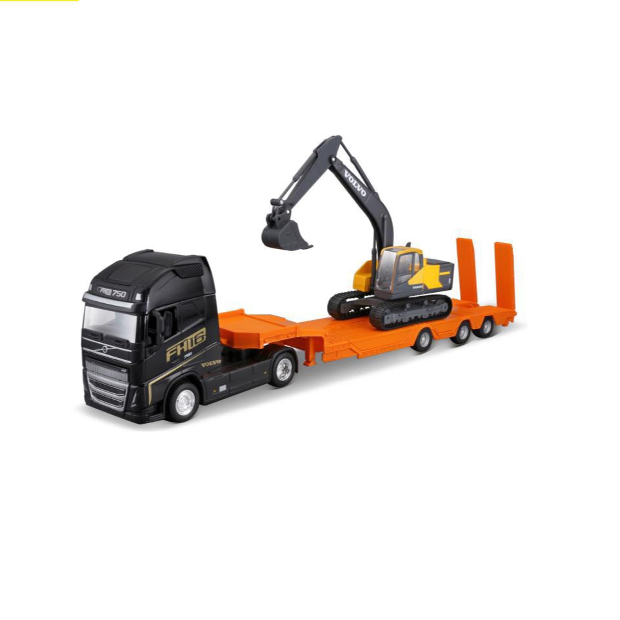 Bburago STREET FIRE HAULER VOLVO With CONSTRUCTION VEHICLE Truck - 1:43 Scale - Incredibly Detailed Die-Cast Replica Collectible Model Vehicle, Yellow