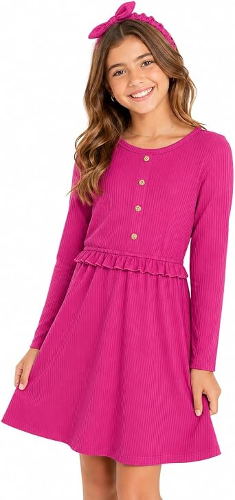 dELiA*s Girls Long Sleeve Dress with Matching Scrunchie for Casual Wear | Soft Comfortable Knit, Easy Everyday Style with Hair Accessory, Cute Look for School, Parties, and Play