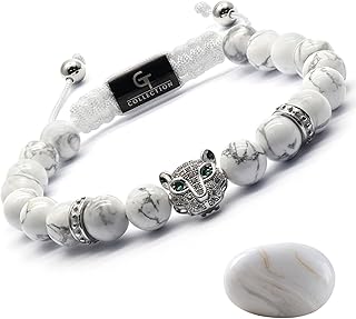 GT collection Men's Energy Bracelet with Gold Leopard Stainless Steel Bead, Adjustable Natural Gemstone Onyx Bracelet for Men, from 7.2 inch to 9 inch, Stone, howlite