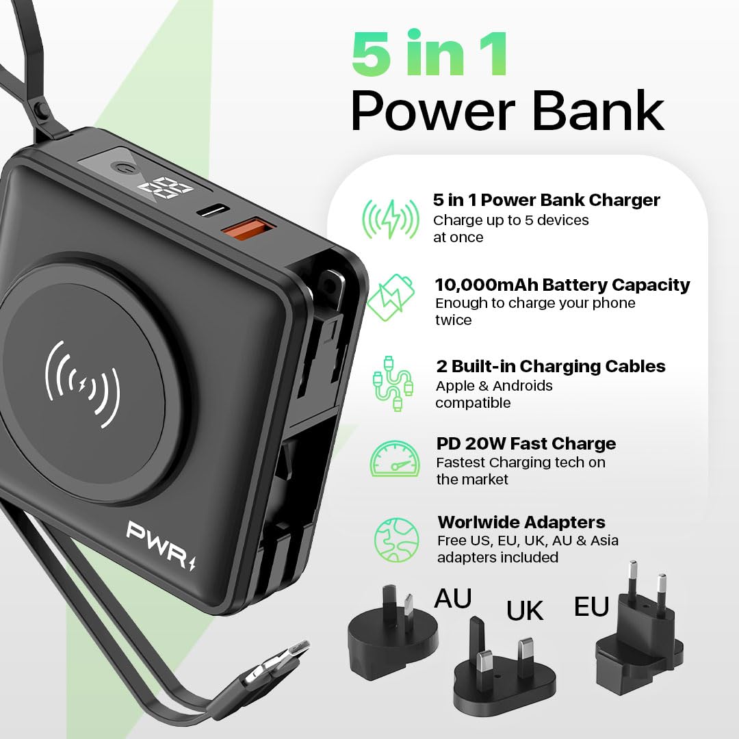 PWRMobile PWR Travel PRO 5-in-1 Power Bank 10,000mAh Black - Dettaglio