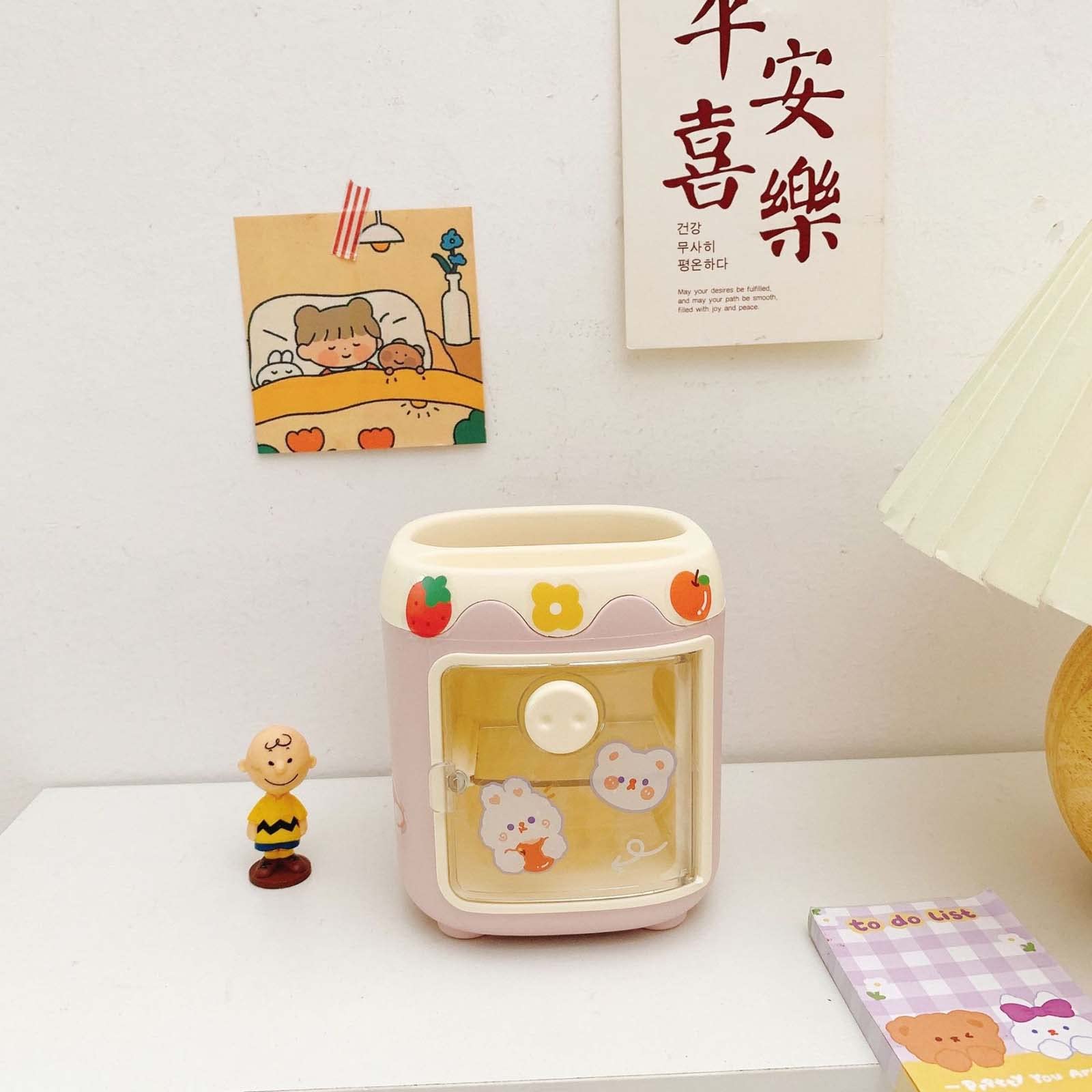 MLAFE Kawaii Pig Pen Holder - Cute Cosmetic Storage & Desktop Stationery Set (Pink)