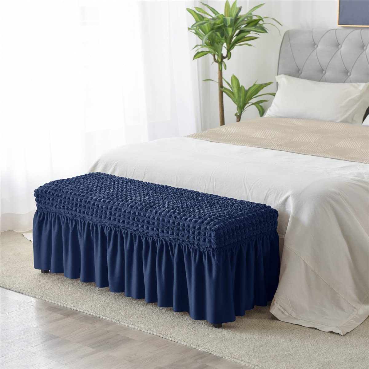 SZJIAHTM Dining Bench Soft Stretch Slipcover with Skirt Polyester Footstool Protector Bubble Lattice Piano Bench Covers for Living Room and Bedroom