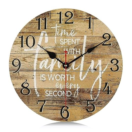 Lafocuse 12 Inch Silent Brown Wall Clocks Battery Operated, Family Decorative Farmhouse Wall Clock for Living Room Bedroom Decor