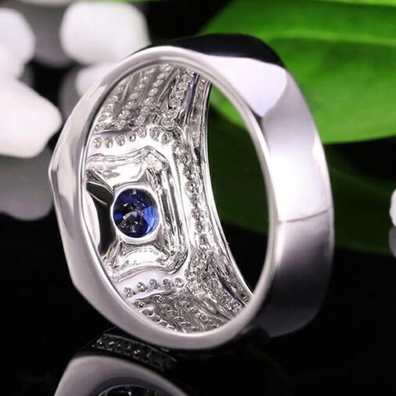 Anillo Hombre Boda, Anillos Oro 18K Hombre Azul 1.23 Kilates Zafiro Creado En Laboratorio Cuadrado Oro Blanco 750 con Moissanita Talla 25