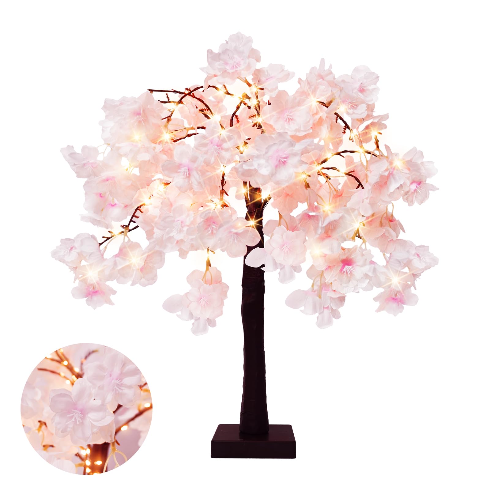 obbsie 24 Inch Lighted Cherry Blossom Tree with 24 Fairy Lights Artificial Bonsai Flower Tree with Timer Battery/USB Operated Pink Light Up Tabletop Tree for Spring Wedding Party Indoor Outdoor Decor