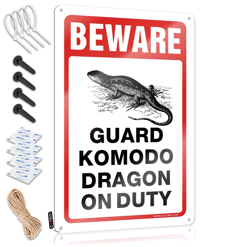 Tin Sign Metal Beware! Guard Komodo Dragon On Duty Sign Funny Tin Metal Signs Man Cave Funny Signs(20X30CM)