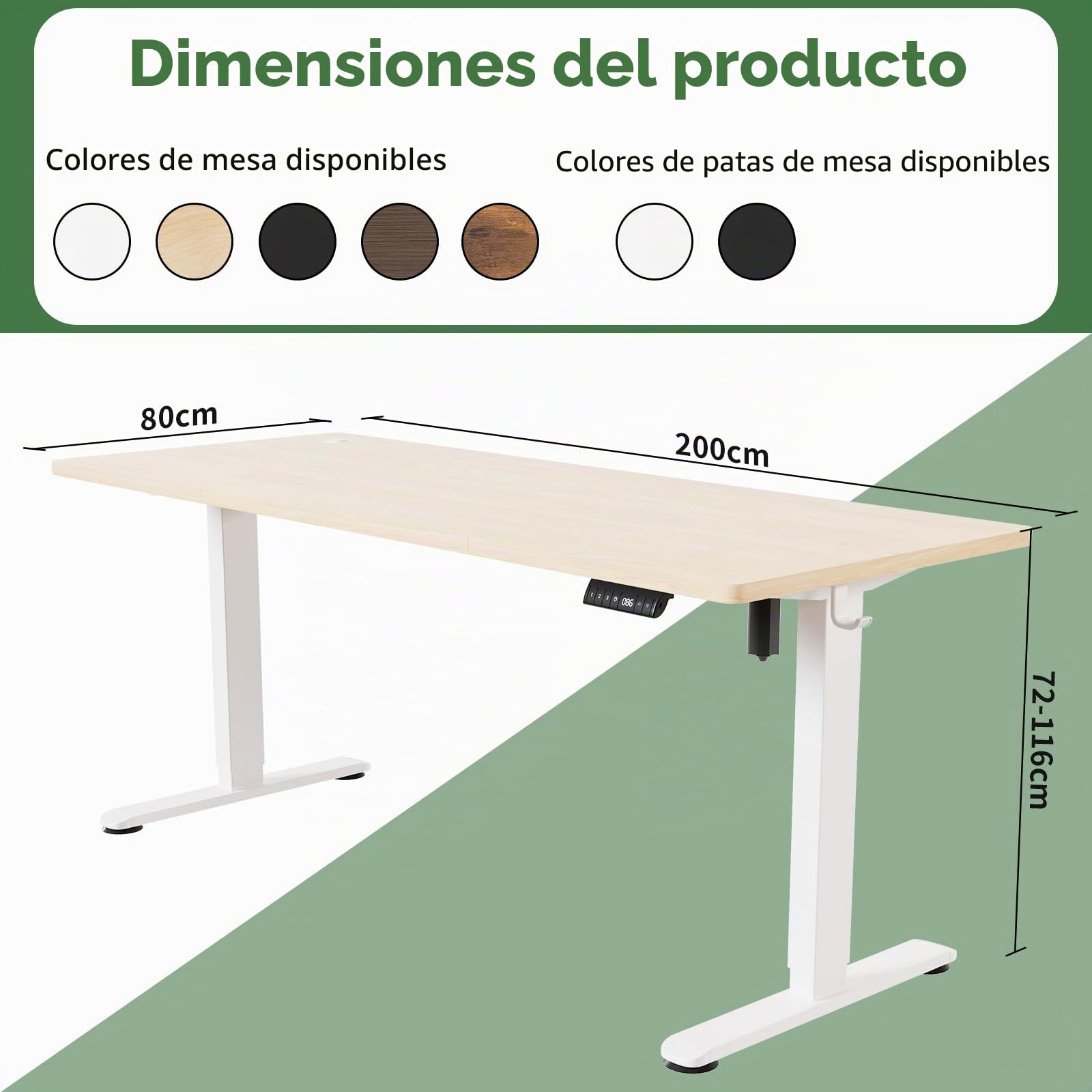 Devoko Escritorio Elevable Eléctrico 200 x 80 cm Roble+Blanco | Ajuste eléctrico de altura, 3 memorias de altura, Gestión de cables integrada, Tecnología anticolisión