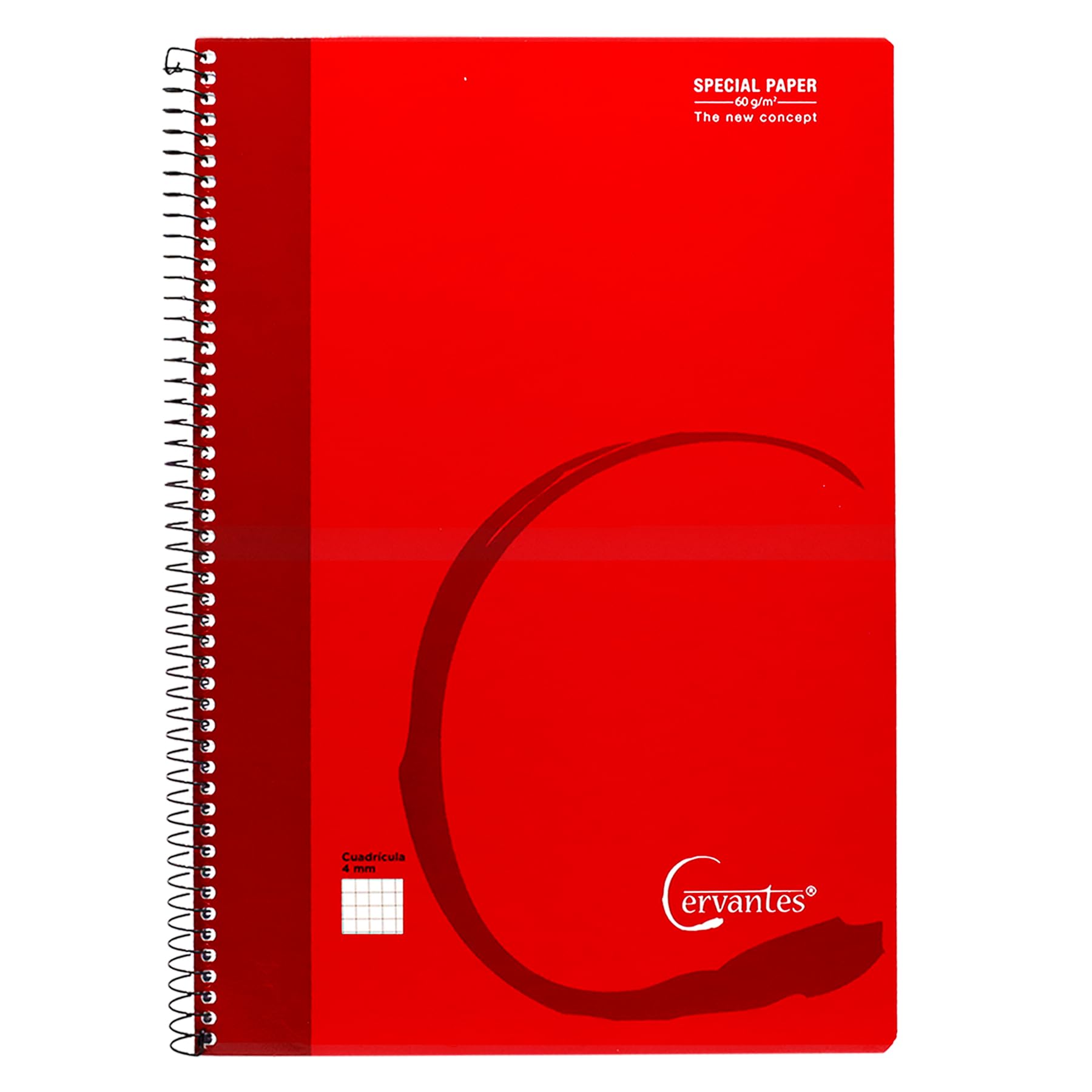 CERVANTES MP, Cuaderno A4, Cuaderno con Cuadrícula 4x4 mm, Cuaderno Tapa Plástico, 80 Hojas, Cuaderno con Espiral, Papel de 90 gr, Tamaño Folio, Medidas: 21,5x31,5 cm, Color Rojo