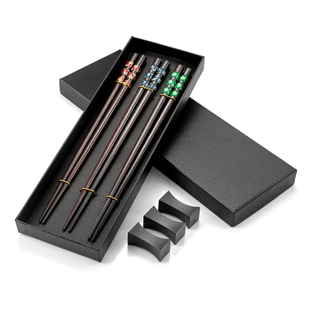 Hongyantech Juego de 3 pares de palillos para amantes + 3 unidades de palillos de madera naturales en caja de regalo de regalo palillos chinos palillos japoneses de madera