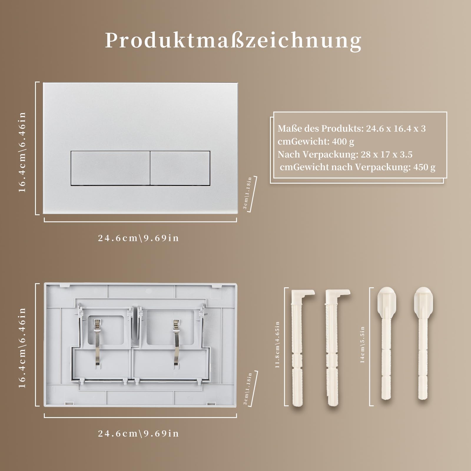 WC Drückerplatte, kompatibel mit Geberit Sigma01,20,30, UP300 UP320 Serien Betätigungsplatten, Spülkasten Doppelspülung mit Flussregelband, 246x164 mm | Glänzend (Silbergrau)