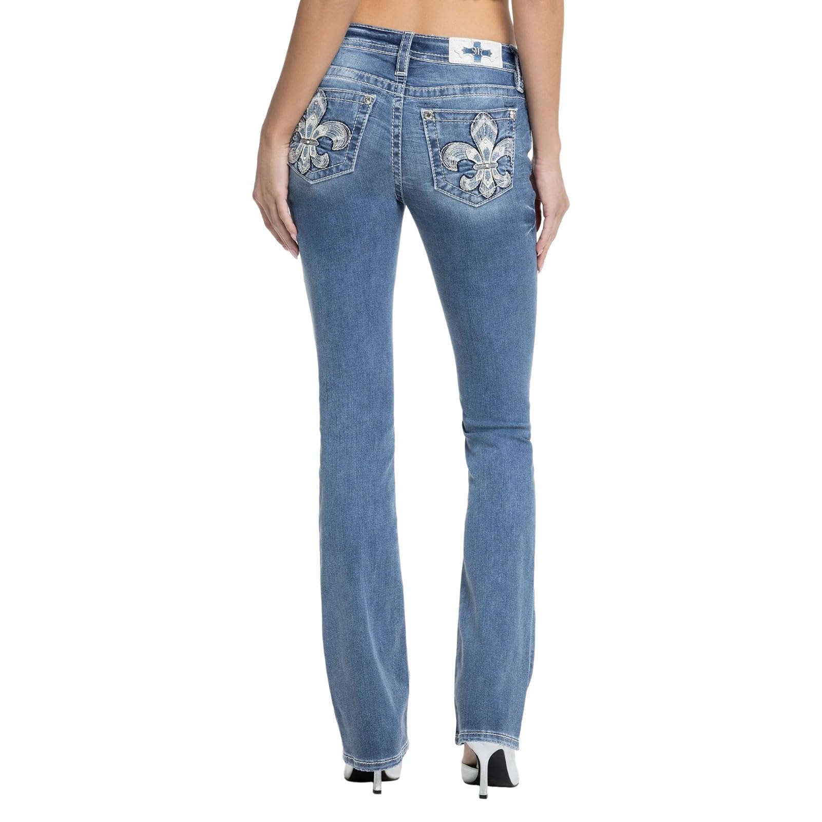 Miss Me Women's Shelly Fleur De Lis Embellished Pockets Mid-Rise Slim Bootcut Jeans