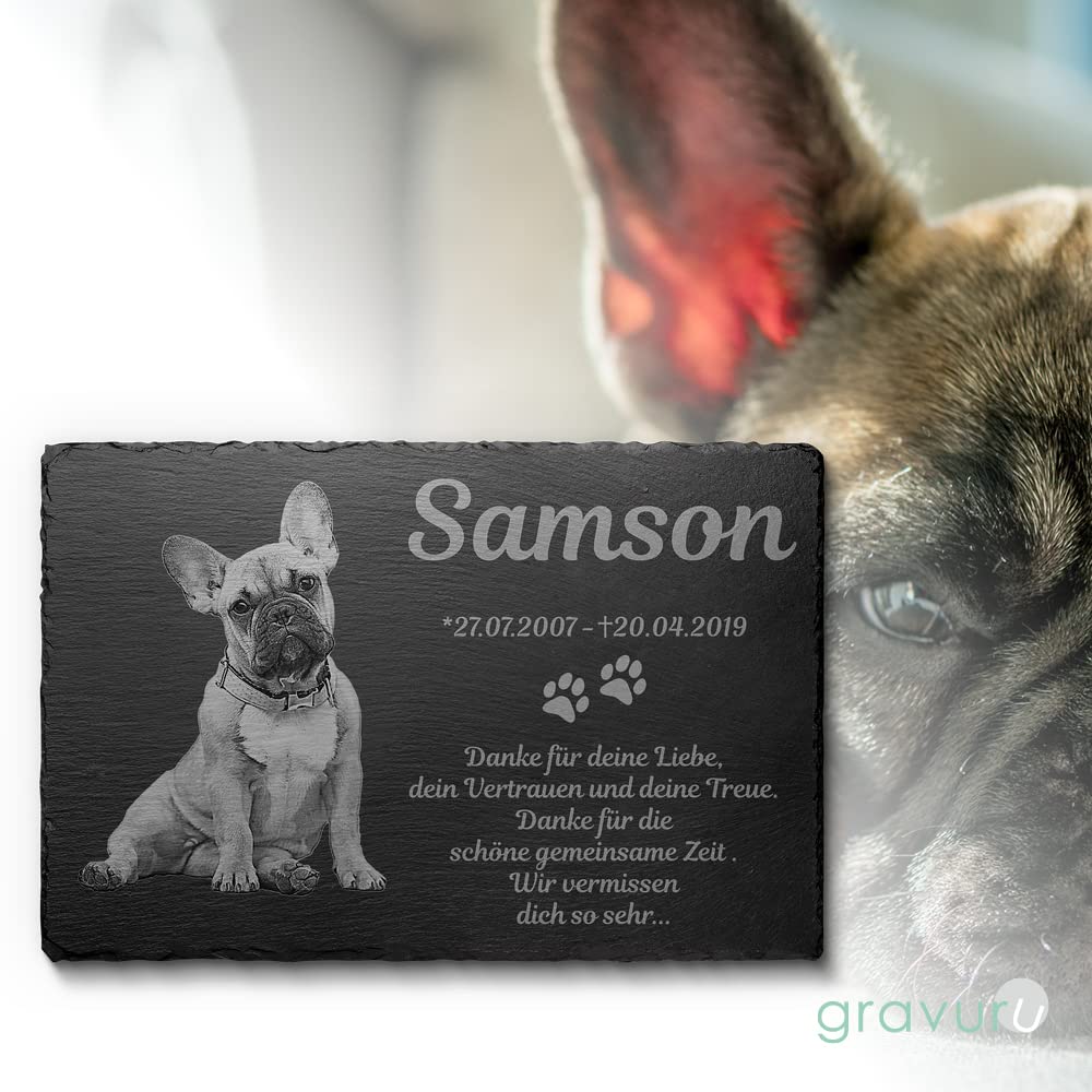 CHRISCK design Grabstein Hund und Katze aus Schiefer mit Gravur & Foto - 22x14 cm o. 30x20 cm - Wetterfester Grabschmuck - Katzen & Hunde Gedenkstein mit Bild & Motiven - Grabplatte Tiergrabstein