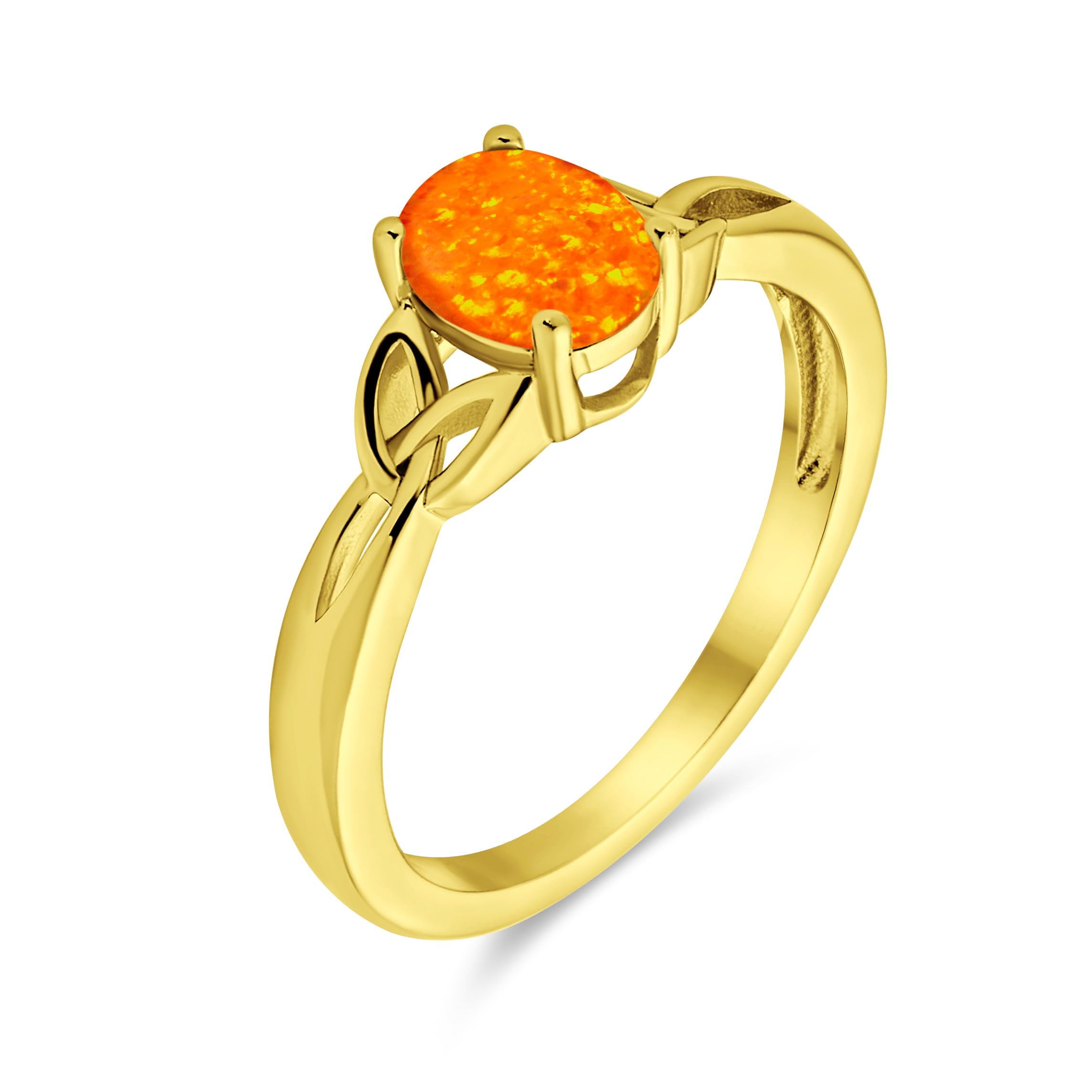 Personaliza Anillo de Hermandad de Sororidad BFF Nudo Celta de Amor Óvalo Piedra Preciosa Naranja Azul Blanco Ópalo Creado Promesa Triquetra Claddagh 14K Oro Amarillo .925 Plata de Ley Personalizable