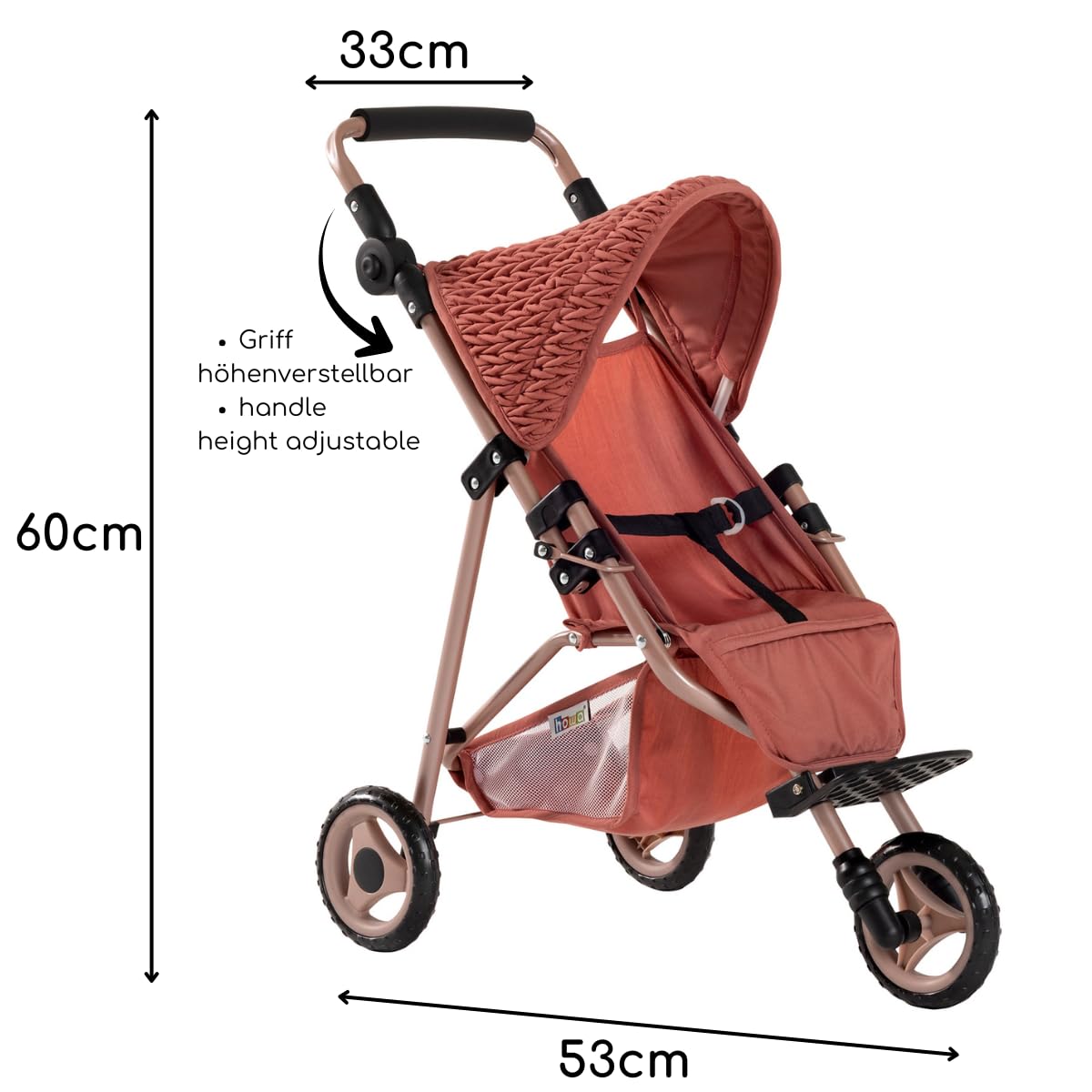 Poussette pour poupée howa, modèle Grace 2270, pour poupées jusqu'à 50 cm | Poussette élégante pour poupée, poignée de poussée réglable en hauteur, modèle grace 2270