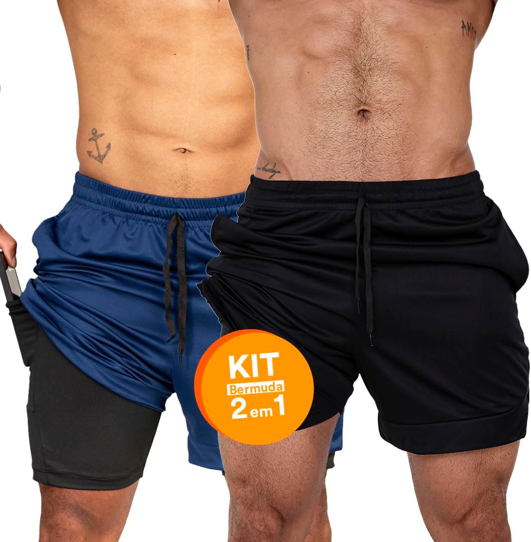 Kit 2 Shorts Duplo Masculino 2 em 1 Bermuda Dry Fit Treino Calção com Bolso Celular Academia Fitness Musculação CLICK MAGAZINE