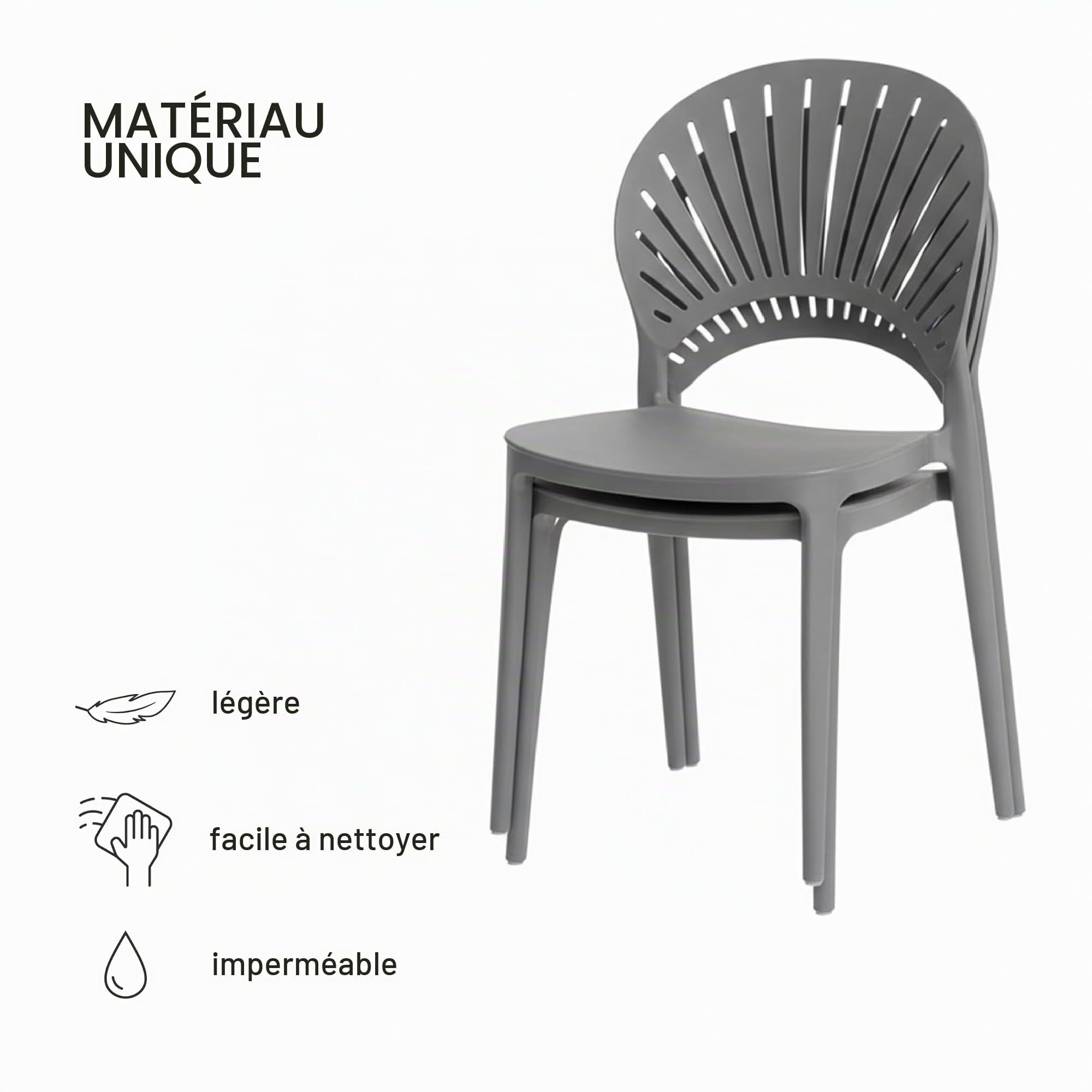 Baroni Home Lot de 4 chaises empilables en plastique, sans montage, faciles à nettoyer, avec patins antidérapants, pour cuisine, salon, salle à manger, 36 x 37 x 72 cm, gris, grand dossier avec rayons